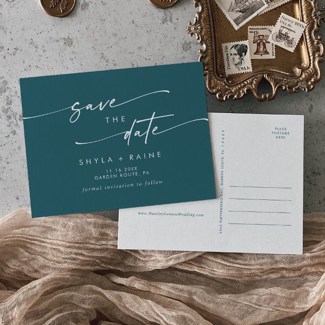Boho Chic Aquamarin Blue Wedding Save the Date Einladungspostkarte (Von Creator hochgeladen)