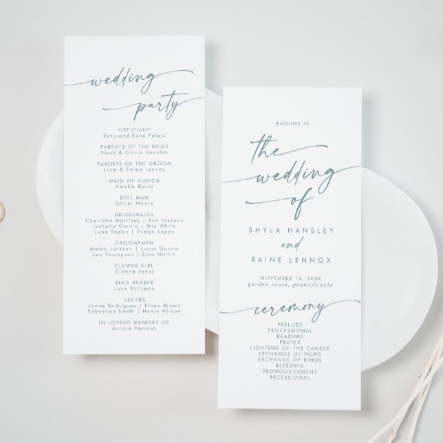 Boho Chic Aquamariner und weißer Tee Hochzeit Programm (Von Creator hochgeladen)