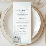 Boho Chic Beach Destination Hampton Wedding Menükarte<br><div class="desc">Entspannen Sie sich am Empfang mit dieser schmalen Hochzeitskarte, die mit handbemalten Wasserfarben und Korallen in sanften Blau- und Neutraltönen gestaltet ist. Dieses elegante, preisgünstige Menü eignet sich perfekt für Urlauber, Urlauber und Hochzeiten in Urlaubsort und bietet eine Touch an der Küste. Personalisieren Sie sie einfach und schnell, indem Sie...</div>
