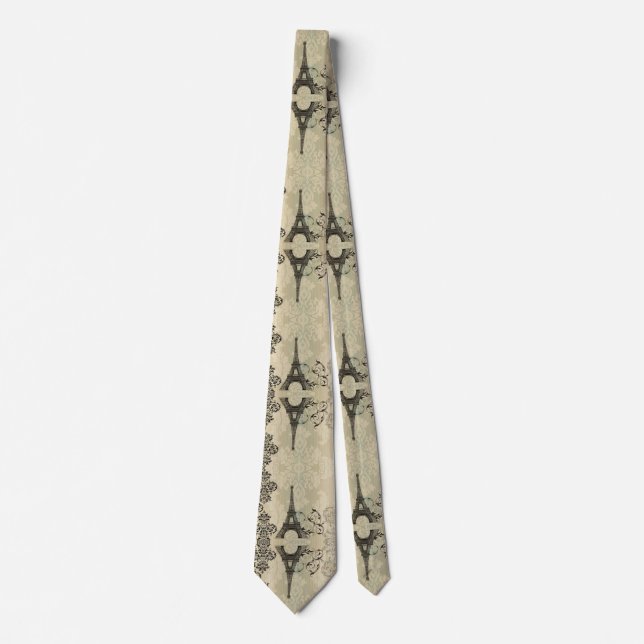 Boho Chic beige Damask Paris Eiffel Tower Krawatte (Vorderseite)