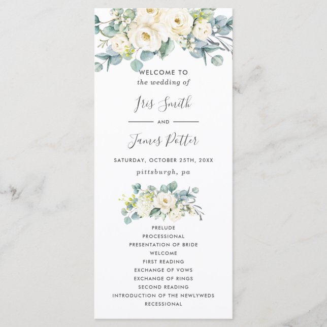 Boho Chic Blanc Floral Eucalyptus Programme de mar (Devant)