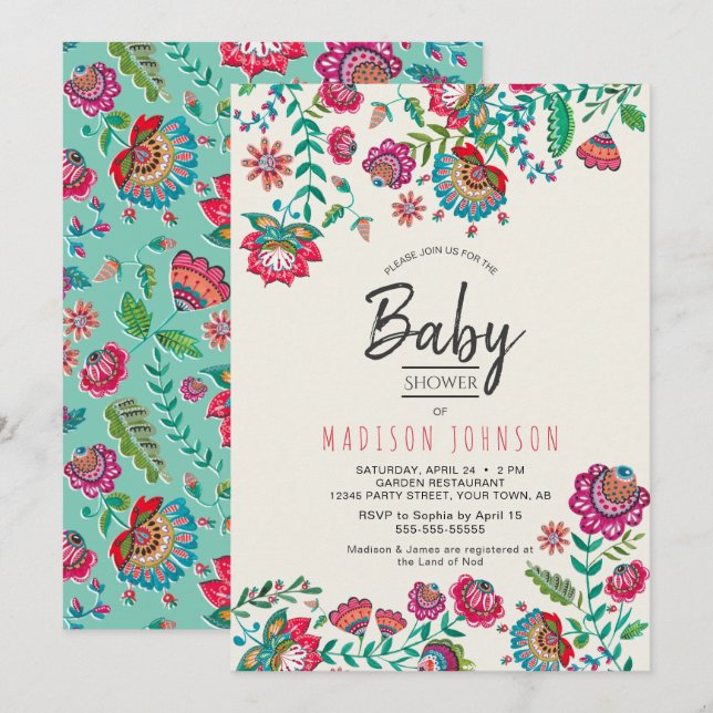Boho Chic | Blau | Folk-Blume | Babydusche Einladung (Vorne/Hinten)