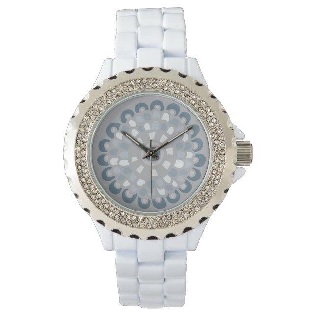 Boho Chic Blue Gray Mandala Neutrales Blumenmuster Armbanduhr (Vorderseite)