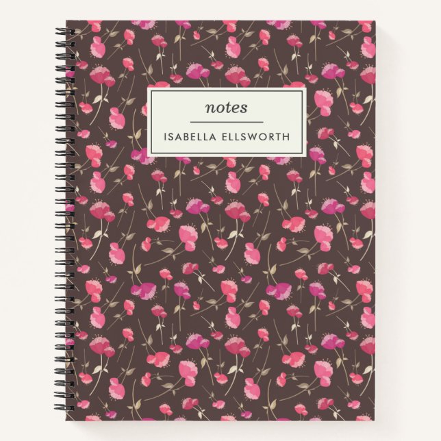 Boho Chic Blumenmuster Pink Brown Personalisiert Notizbuch (Vorderseite)