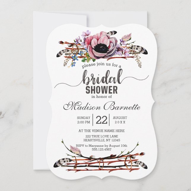 Boho Chic Blush Blumendusche Einladung (Vorderseite)