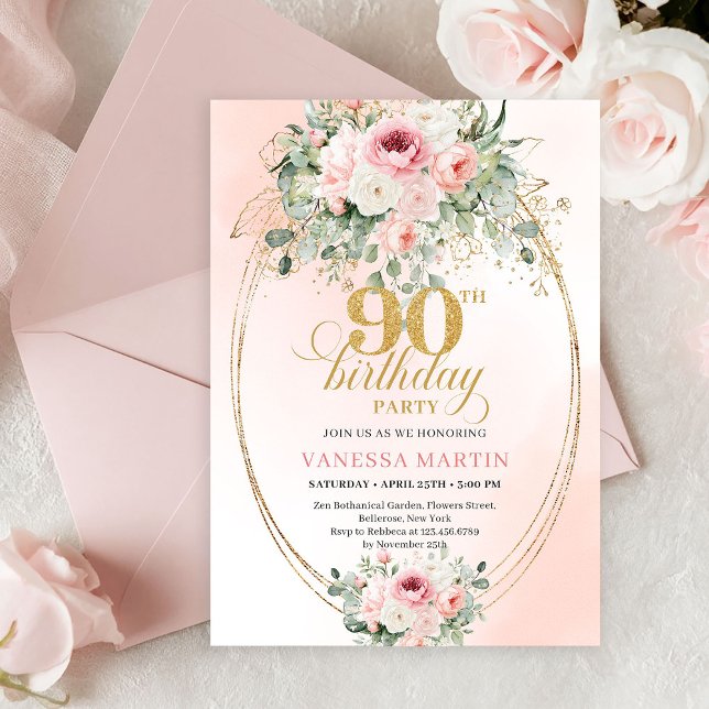 Boho Chic Blush Floral Greenery Gold 90th Birthday Einladung (Elegant Minimal Blush Rose Gold 90th Birthday Invitation)
