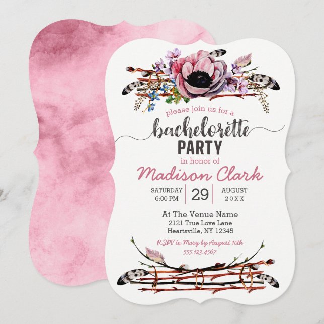 Boho Chic Blush Pink Bachelorette Party Invitation (Devant / Derrière)