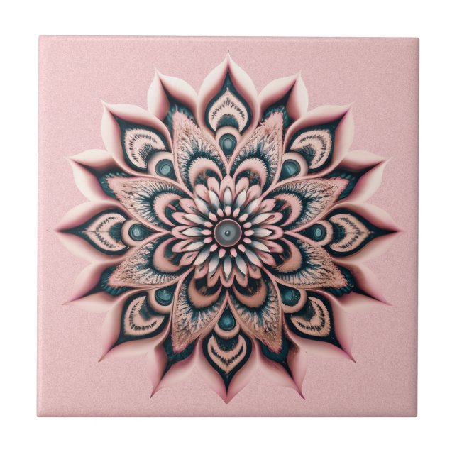 Boho Chic Blush Pink Blume Mandala mit dunklem Aqu Fliese (Vorderseite)