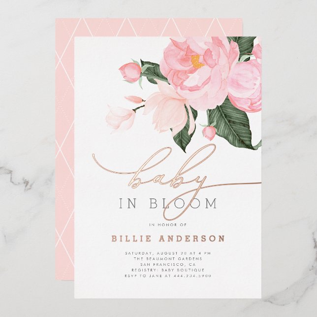 Boho Chic Blush Pink Floral Baby in Blütendusche Folieneinladung (Vorderseite/Rückseite)