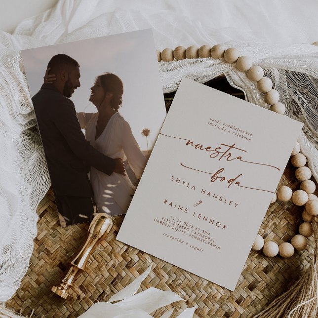 Boho Chic Bohemisch Cream Foto Spanische Hochzeit Einladung (Von Creator hochgeladen)