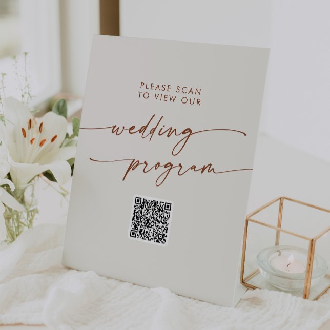 Boho Chic Bohemisch Cream QR Code Wedding Program Sockelschild (Von Creator hochgeladen)