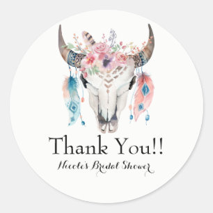 Boho Chic Bohemisch Feathers & Cow Skull Party Runder Aufkleber