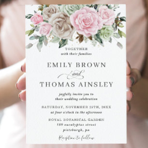 Boho Chic Brown Pink Sage Green Floral Wedding Einladung