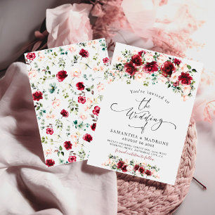 Boho Chic Burgunder-Rosa Rosen Grüne Hochzeit Einladung