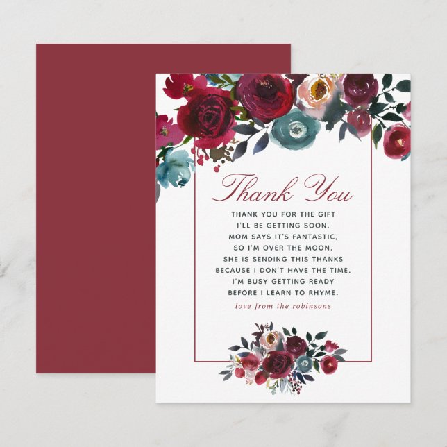 Boho chic burgundy and marine Baby Shower Danke Einladung (Vorne/Hinten)