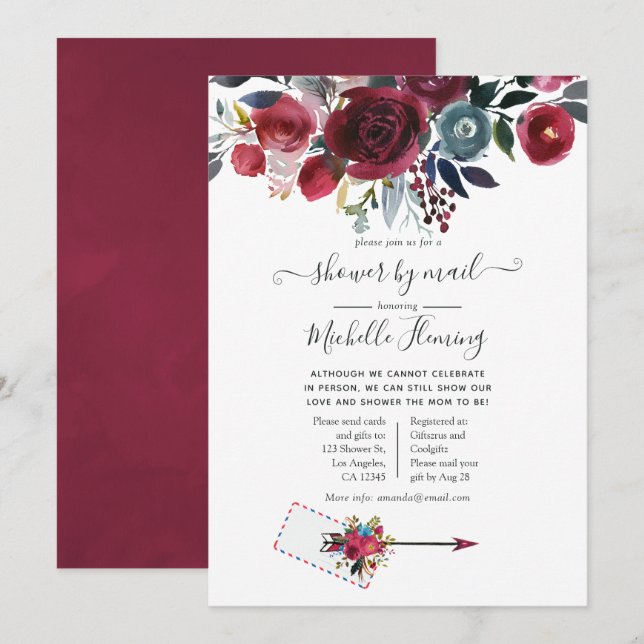 Boho Chic Burgundy and Navy Baby Shower by Mail Einladung (Vorne/Hinten)