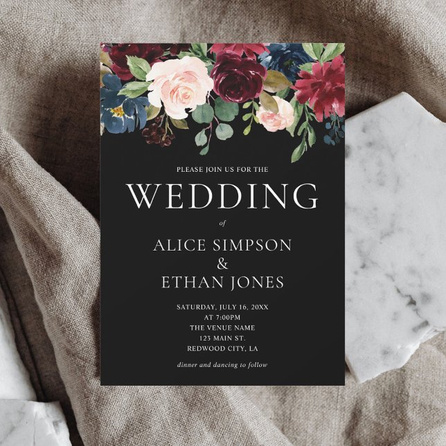 Boho Chic Burgundy Blue Flowers Wedding Einladung (Von Creator hochgeladen)