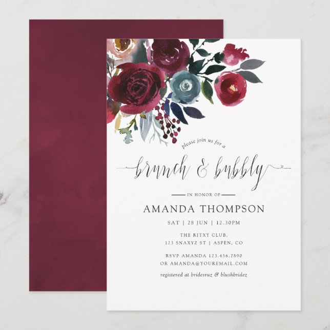 Boho Chic Burgundy & Navy Blumenbrunch und Bubbly Einladung (Vorne/Hinten)