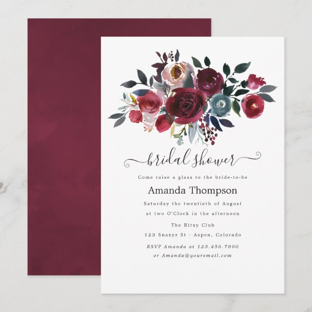 Boho Chic Burgundy & Navy Blumenbrunch und Bubbly Einladung (Vorne/Hinten)