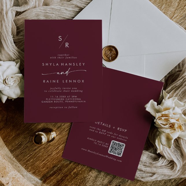 Boho Chic Burgundy Red Monogram QR Code Wedding Einladung (Boho Chic Burgundy Red Monogram QR Code Wedding Invitation)