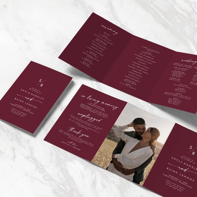 Boho Chic Burgundy Red Monogram Wedding Dreifach-gefaltete Programmkarte (Von Creator hochgeladen)