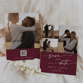 Boho Chic Burgundy Red Multi Foto QR Code Save The Date