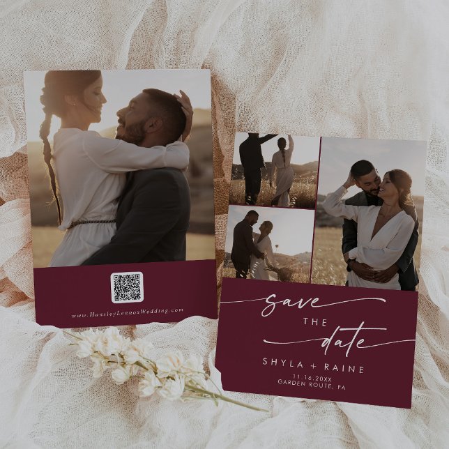 Boho Chic Burgundy Red Multi Foto QR Code Save The Date (Von Creator hochgeladen)