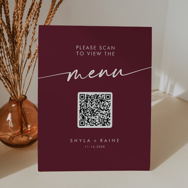 Boho Chic Burgundy Red QR Code Wedding Menu Sockelschild (Von Creator hochgeladen)