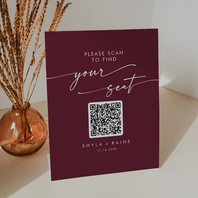 Boho Chic Burgundy Red Seating Chart QR Code Sockelschild (Von Creator hochgeladen)