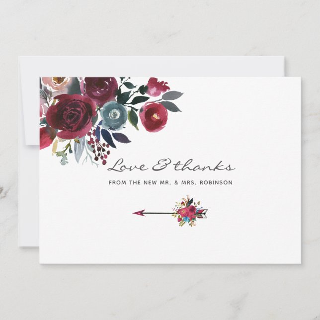Boho Chic Burgundy und blumenreiche Hochzeit der M Dankeskarte (Vorderseite)