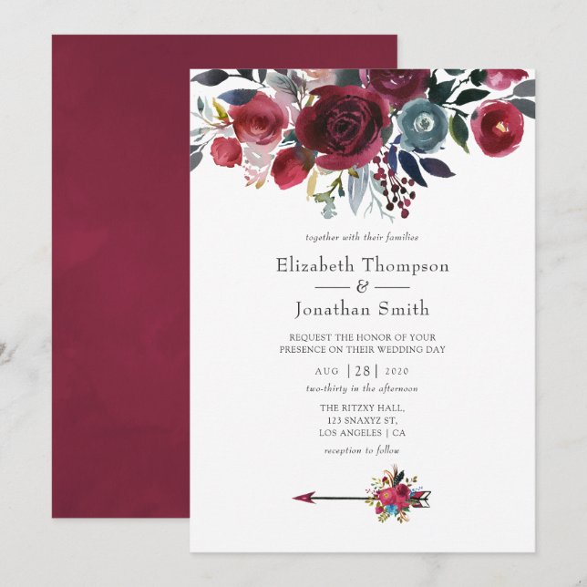 Boho Chic Burgundy und blumenreiche Hochzeit der M Einladung (Vorne/Hinten)