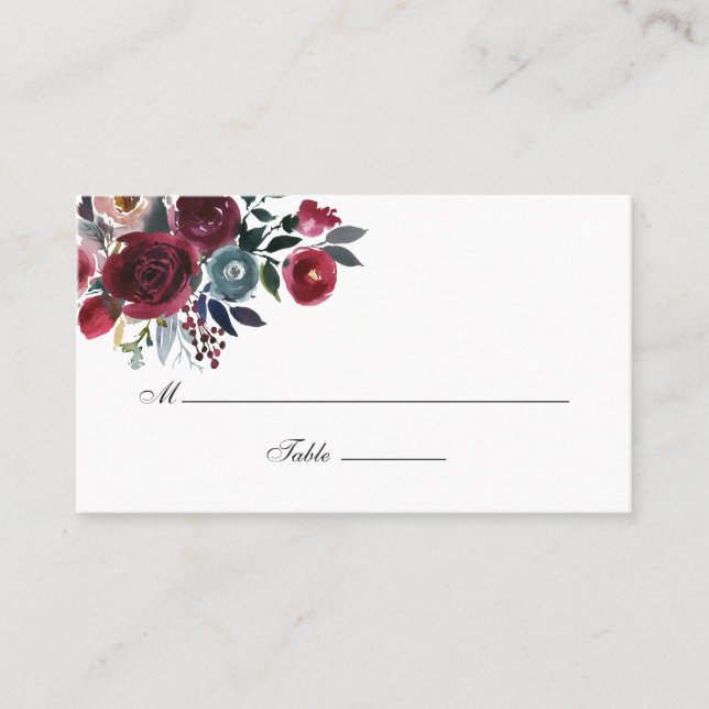 Boho Chic Burgundy und blumenreiche Hochzeit der M Platzkarte (Vorderseite)