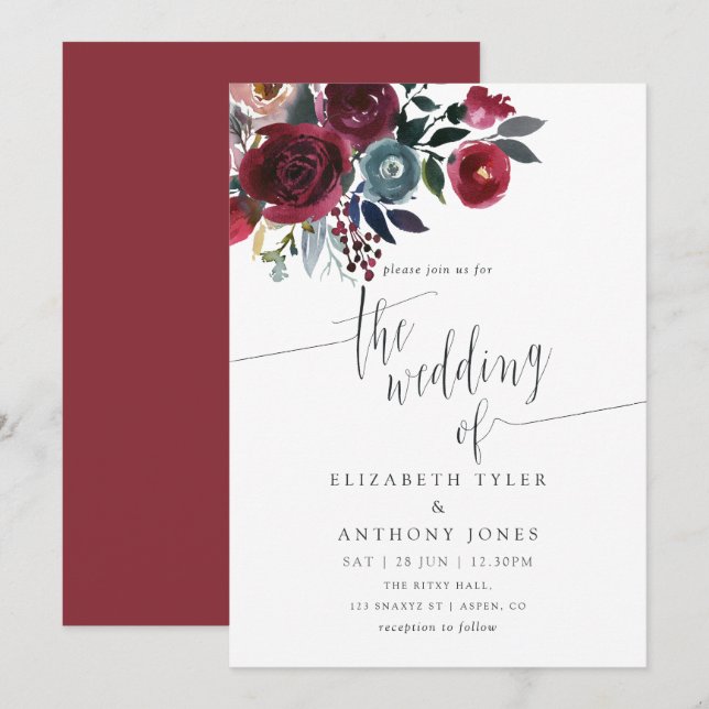 Boho Chic Burgundy und die blumenreiche Hochzeit d Einladung (Vorne/Hinten)