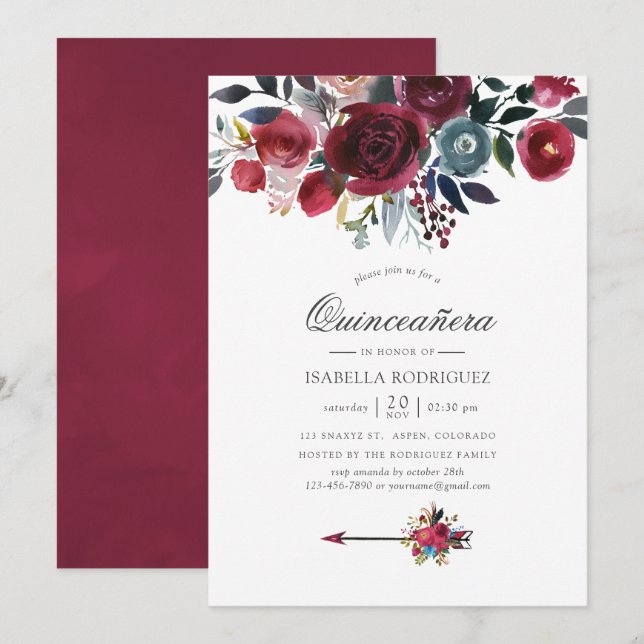 Boho Chic Burgundy und die Marine Blumenzwiebeln Q Einladung (Vorne/Hinten)