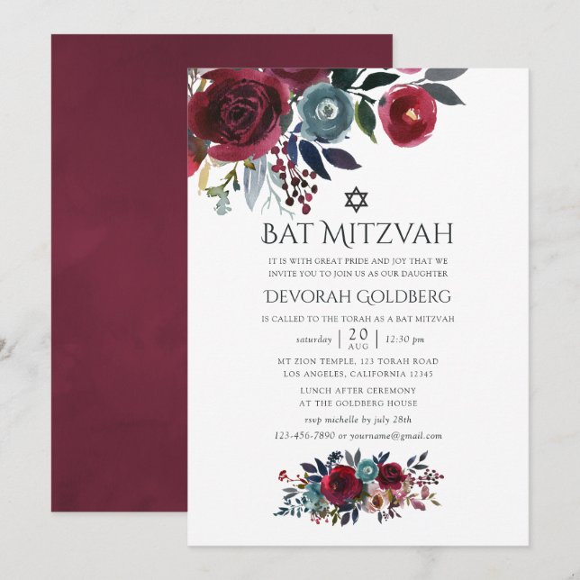 Boho Chic Burgundy und Marine Bat Mitzvah Einladung (Vorne/Hinten)