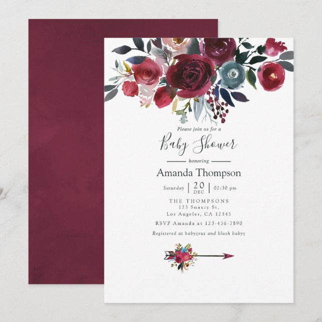 Boho Chic Burgundy und Navy Blumenspülung Einladung (Vorne/Hinten)
