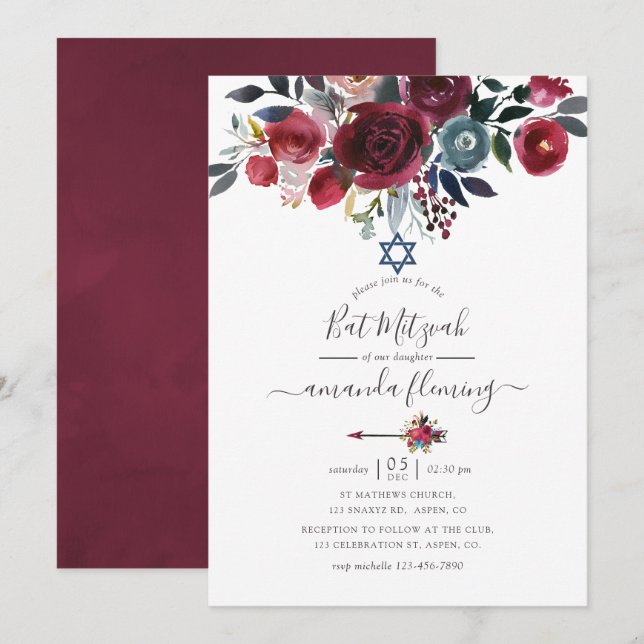Boho Chic Burgundy und Navy Floral Bat Mitzvah Einladung (Vorne/Hinten)
