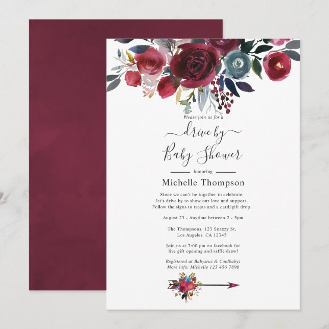 Boho Chic Burgundy und Navy Floral Drive by Shower Einladung (Vorne/Hinten)