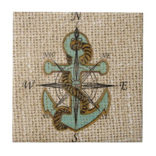 Boho chic burlap nautischer Kompass Blue Anker Fliese