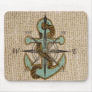 Boho chic burlap nautischer Kompass Blue Anker Mousepad