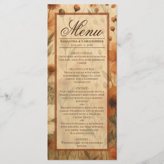 Boho Chic Burnt Sienna Watercolor Floral Wedding Menükarte (Vorderseite)
