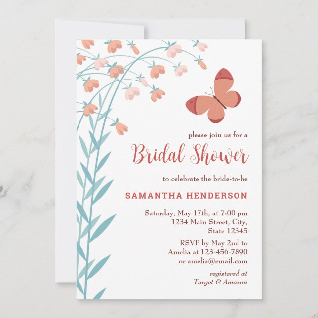 Boho Chic Butterfly Floral Elegantes Brautparty Einladung (Vorderseite)