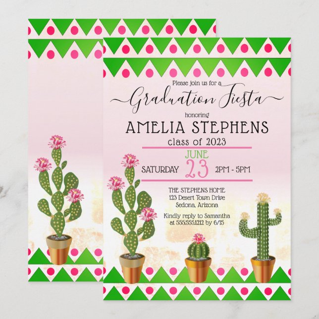 Boho Chic Cactus Fiesta Graduation Party Einladung (Vorne/Hinten)