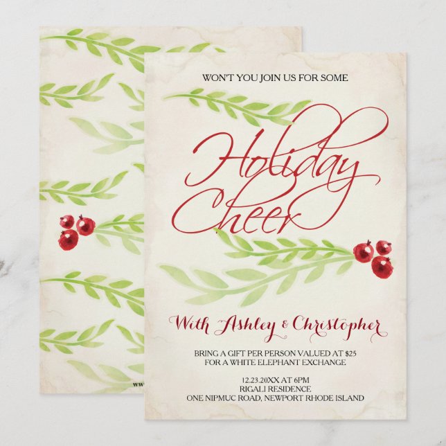 Boho Chic Christmas Party Laurel & Berries Einladung (Vorne/Hinten)