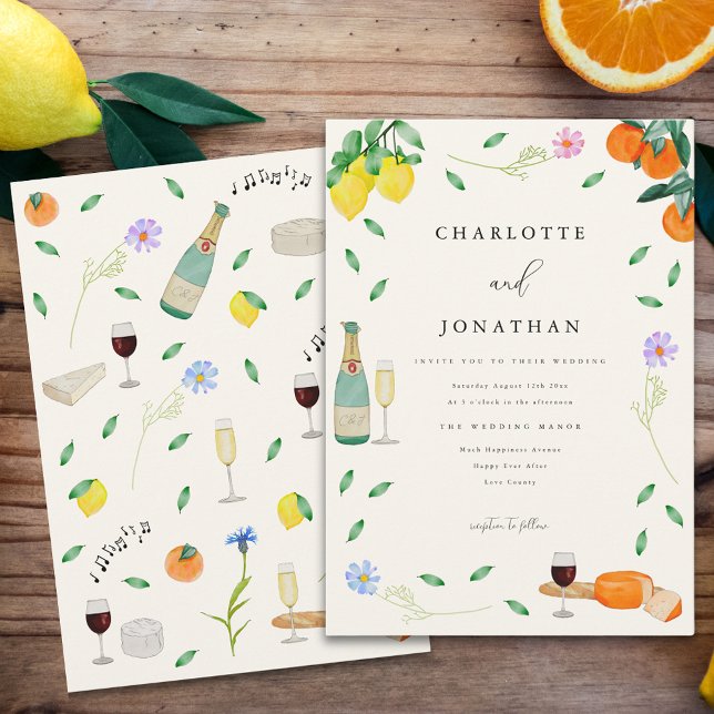 Boho Chic Citrus Rustic Summer Wedding Einladung (Boho citrus summer wedding invitation with watercolor wildflowers wine and cheese oranges & lemons)