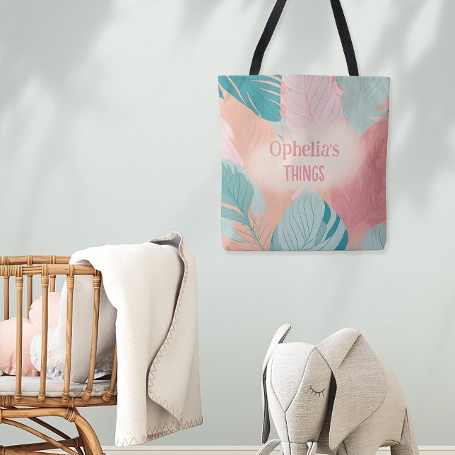 Boho Chic Coral Pink Türkis Blätter Name Baby Tasche (Von Creator hochgeladen)