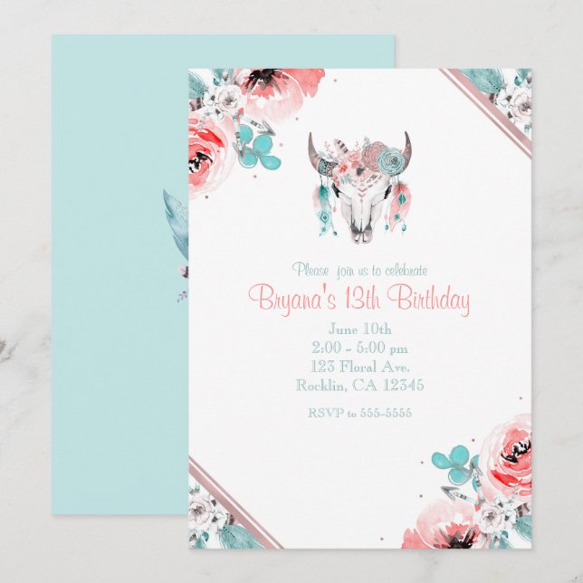 Boho Chic Cow Skull Floral Geburtstag Einladung (Vorne/Hinten)