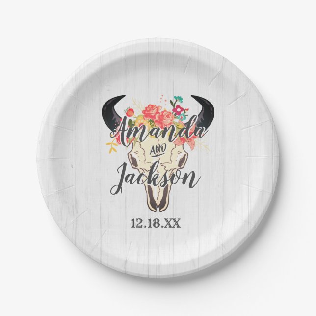 Boho Chic Cow Skull Floral Rustic Wedgram Pappteller (Vorderseite)