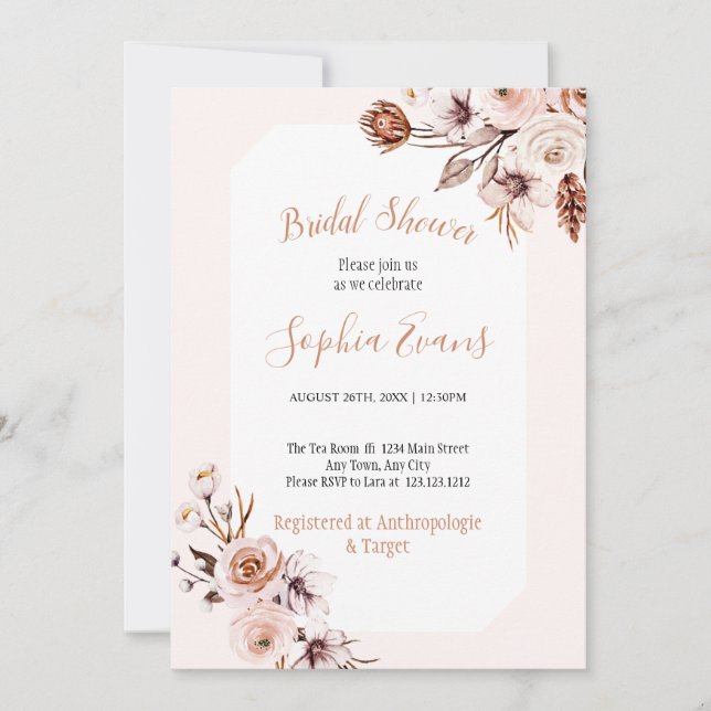 Boho Chic Cream und Brown Floral Brautparty Einladung (Vorderseite)