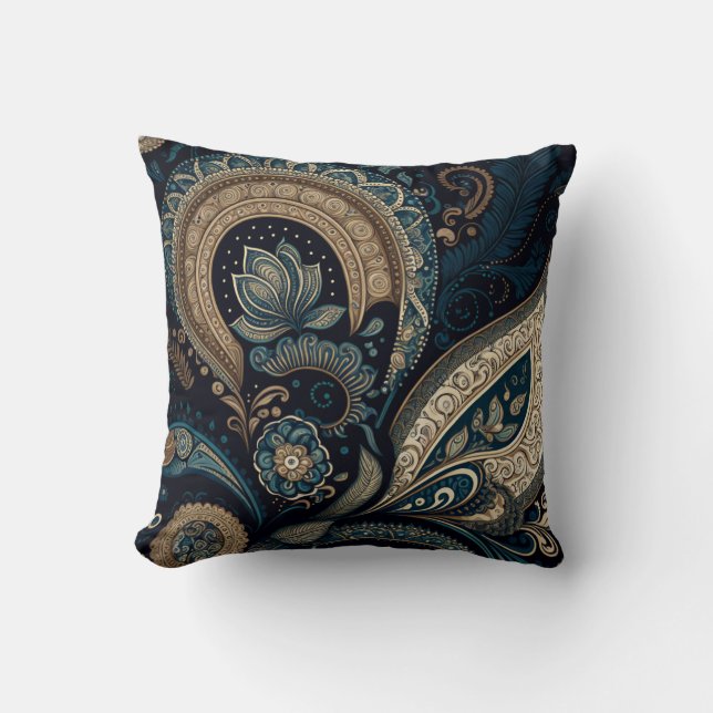 Boho Chic Dark Blue Paisley Pattern Kissen (Vorderseite)